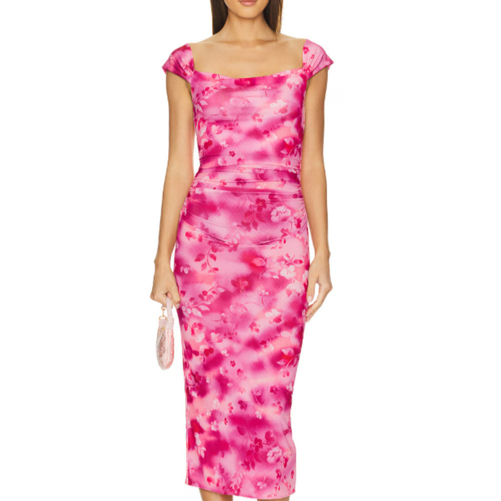 Amanda Uprichard Rebecca Floral Bodycon Midi Dress Size Small Pink Drape Stretch